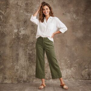 Level 99 Women's Cropped High-Rise Trousers Wide Leg Capri Pants Linen Olive